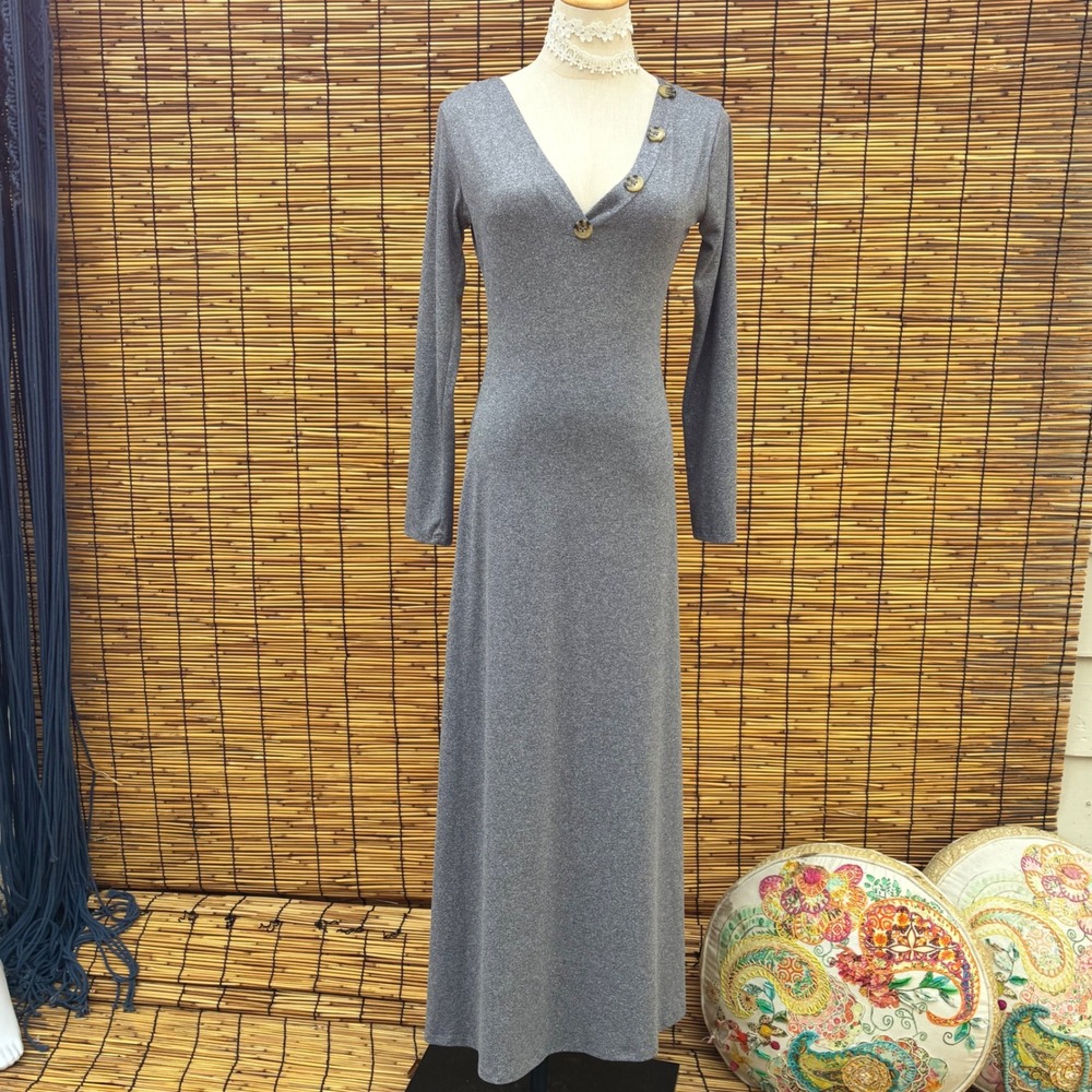 Doublju Womens Grey Long Sleeve V-Neck Button Accent Maxi Dress Size S RN153801